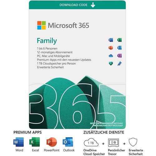 Microsoft Office 365 Family | 6 Nutzer | 30 Geräte | 1 Jahr | Standardverpackung (per Post / EU) Microsoft Office 365 Family | 6 Nutzer | 30 Geräte | 1 Jahr | Standardverpackung (per Post / EU)