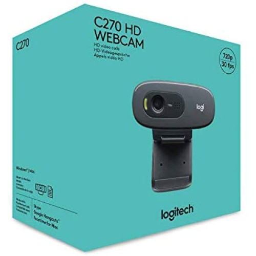 Logitech C270 HD Webcam, HD 720p/30fps, Widescreen HD Video Calling, HD Light Correction, Noise-Reducing Mic, For Skype, FaceTime, Hangouts, WebEx, PC/Mac/Laptop/Macbook/Tablet - Black