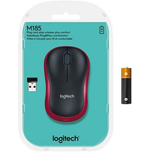 Logitech M185 Wireless Mouse USB for PC Windows, Mac and Linux - Red with Ambidextrous Design