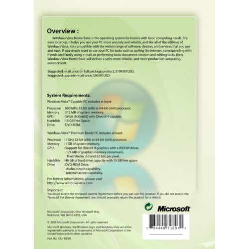 Microsoft Windows Vista Familiale Basique 64bit SP2 | DSP OEM Reinstallation Pack (Disc and Licence)