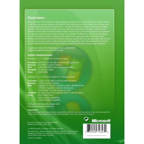 Microsoft Windows Vista Familiale Premium SP2 | DSP OEM Reinstallation Pack (Disc and Licence)