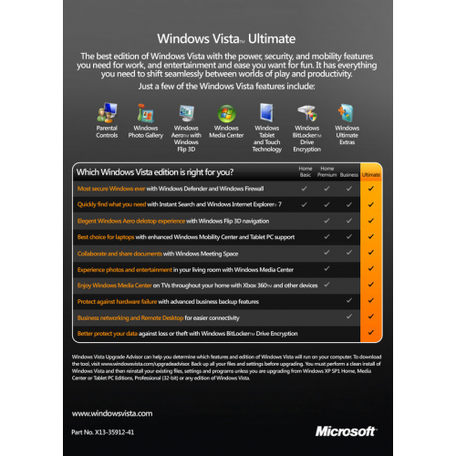 Microsoft Windows Vista Ultimate SP2 | Retail Pack (Disc and Licence)