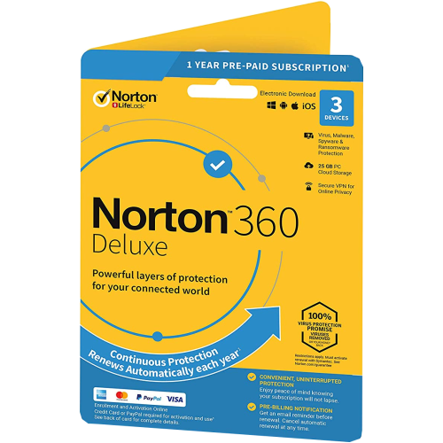 Norton 360 Deluxe | 3 Appareils | 1 An | Carte Bancaire requise | Numérique (ESD/UE)