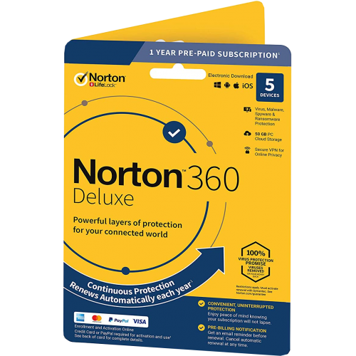 Norton 360 Deluxe | 5 Devices | 1 Year | Credit Card Required | Flat Pack (by Post/EU)