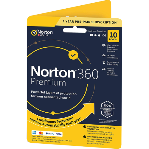 Norton 360 Premium | 10 Apparaten | 1 Jaar | Credit Card Vereist | Plat pakket (per Post/EU)