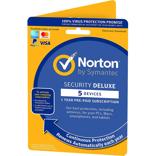 Norton Security Deluxe | 5 dispositivos | 1 año | Requiere tarjeta de crédito | Paquete Plano (por correo/UE)